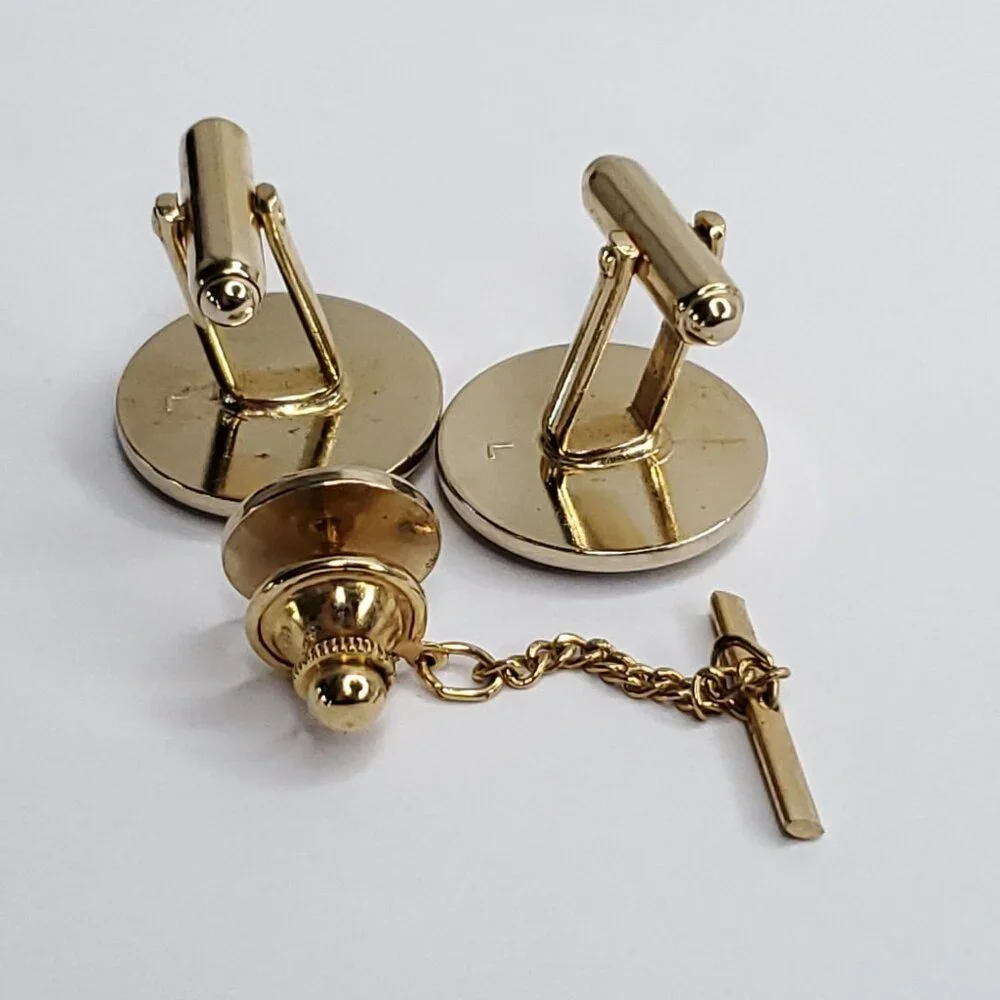 Vintage Cufflinks Tie Tack Set Gold Tone Round Textured Shiny